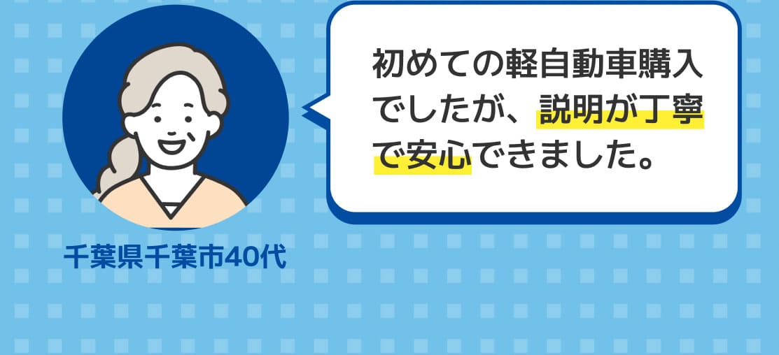 初めての軽自動車購入でしたが、説明が丁寧で安心できました。